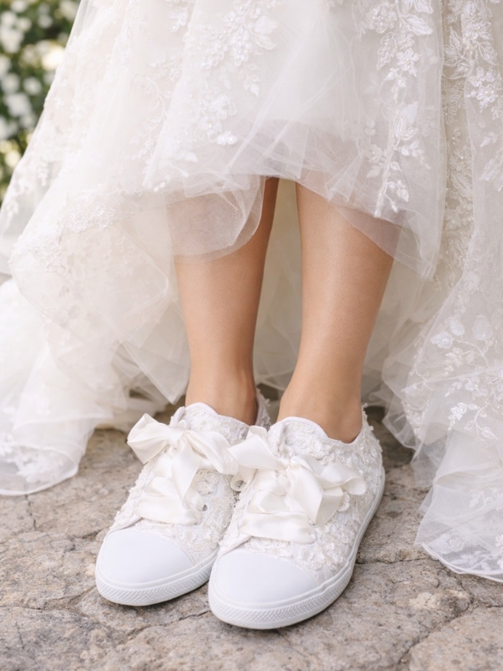 White Lace Bridal Sneakers with Satin Bow Laces Low Top Wedding Shoes Sz 7.5